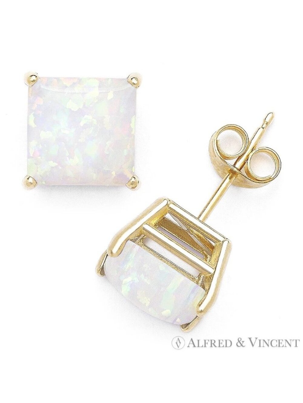 Square Cabochon Fiery White Opal Stud Earrings in Solid 14k Yellow Gold